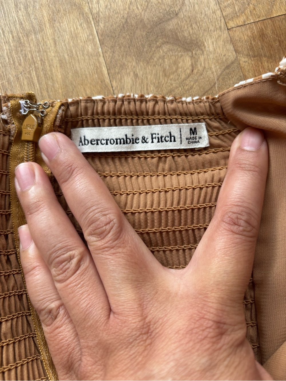 Abercrombie & Fitch Tan Smocked Dress with Subtle Cream Trim - Picture 6 of 7